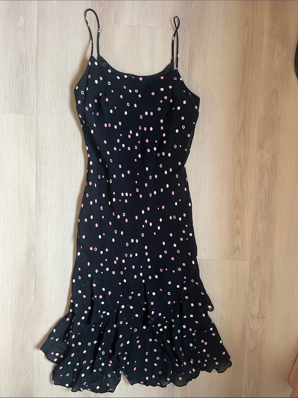 Joseph Ribkoff Vintage 90’s/Y2K Black Polka Dot Whimsical Slip Dress Ruffle Hem